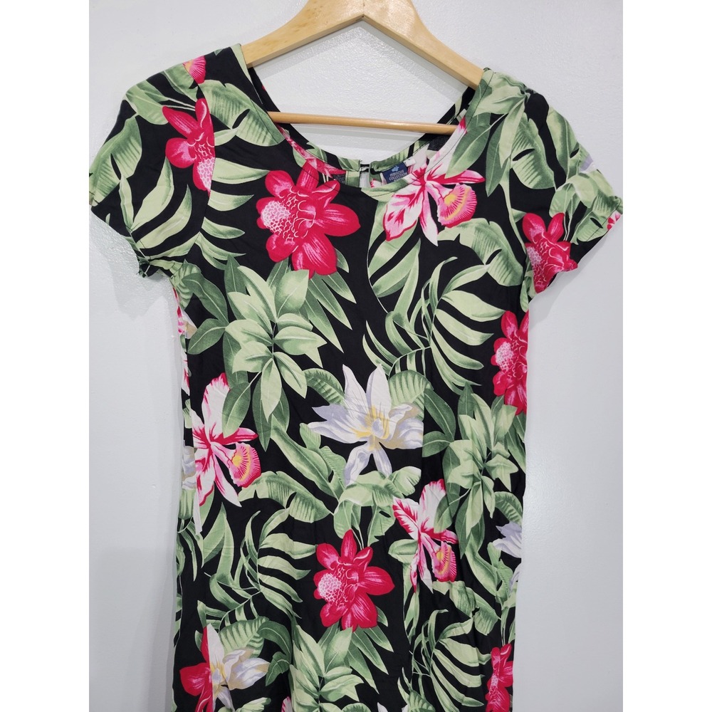 Hibiscus Collection Hawaii Womens Small Tropical Floral Rayon Shift Dress Black - Picture 2 of 7